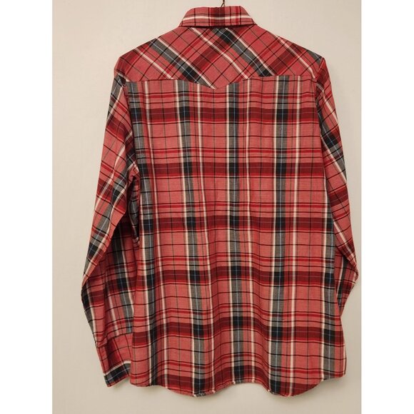 Border Town Pearl Snap Shirt Western Mens Medium Red Black Plaid Vintage - Picture 10 of 15
